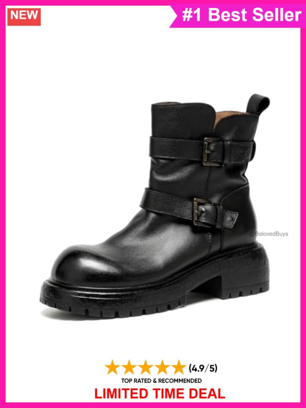 Genuine Leather Motorcycle Ankle Boots Round Toe Biker Combat Moto Shoes